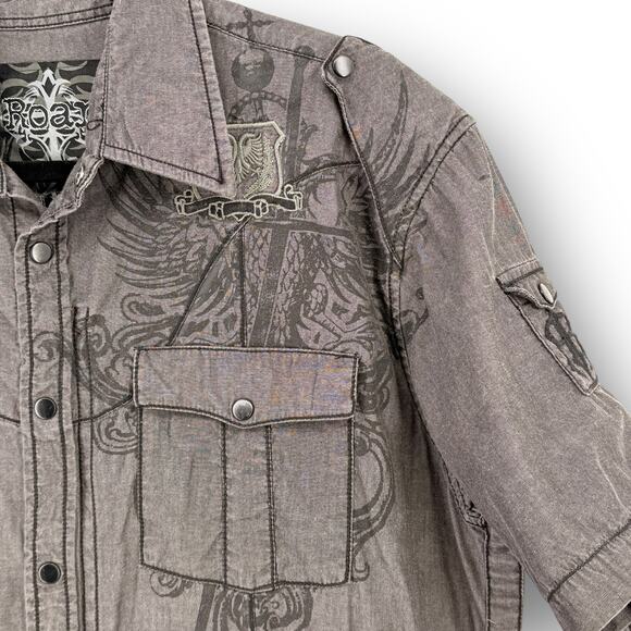 Roar Heraldry Crest Shirt Mens Sz XL Short Sleeve Button Up Embroidered Wings - Picture 4 of 10